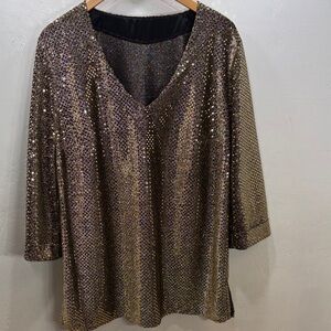 Gold & Black Sequin Sparkling Shimer Elegant Dressy Formal V Neck Blose Size 2X